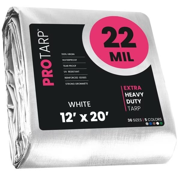 12 ft x 20 ft Heavy Duty 22 Mil Tarp, White, Polyethylene, Waterproof, Rip and Tear Proof, Protarp, Mfr#: PT-204-12X20
